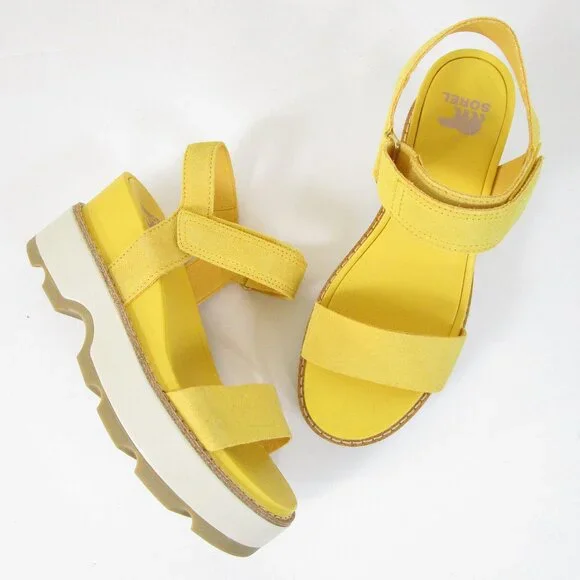 Sorel Womens Yellow White Joanie IV Y-Strap Leather Wedge Sandals Heels Size 8 - Picture 1 of 9